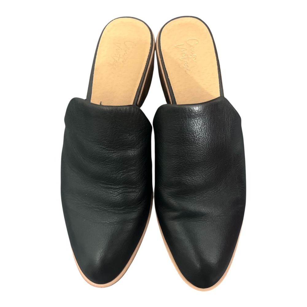 Slip On Black Leather Mules Womens 9 Crown Vintage Rydel Block Heel Pointed Toe - Picture 2 of 10